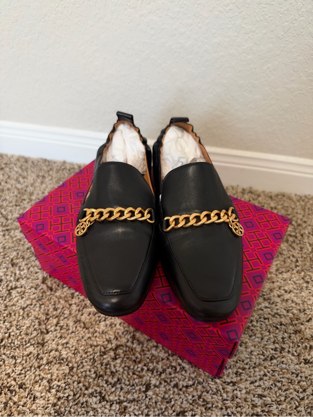Tory Burch Black Loafer with Gold Chain Detail